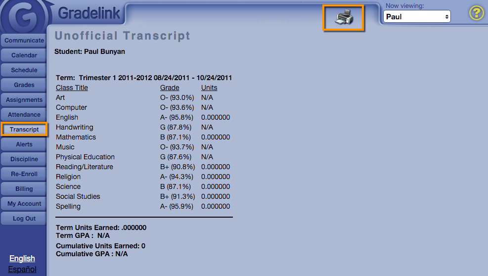 Allowing Parents and Students to view an Unofficial Transcript
