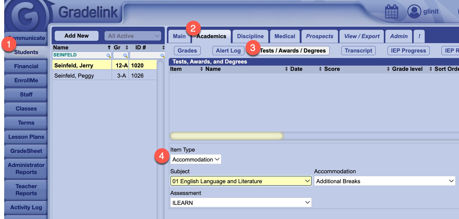How do I add test accommodations for students in their profile?